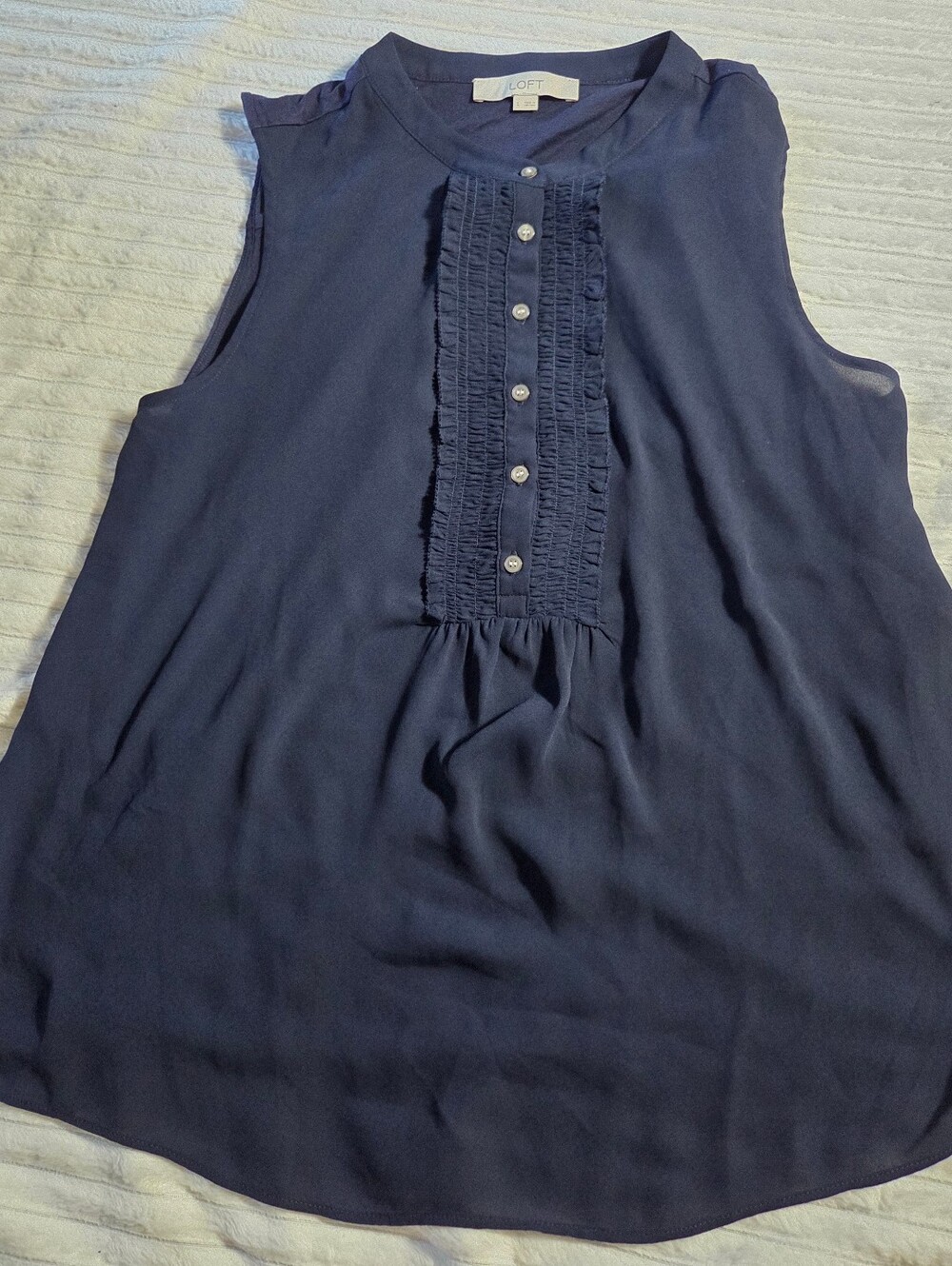 LOFT Navy Sleeveless Ruffle Front Button Blouse Lightweight Women’s Top